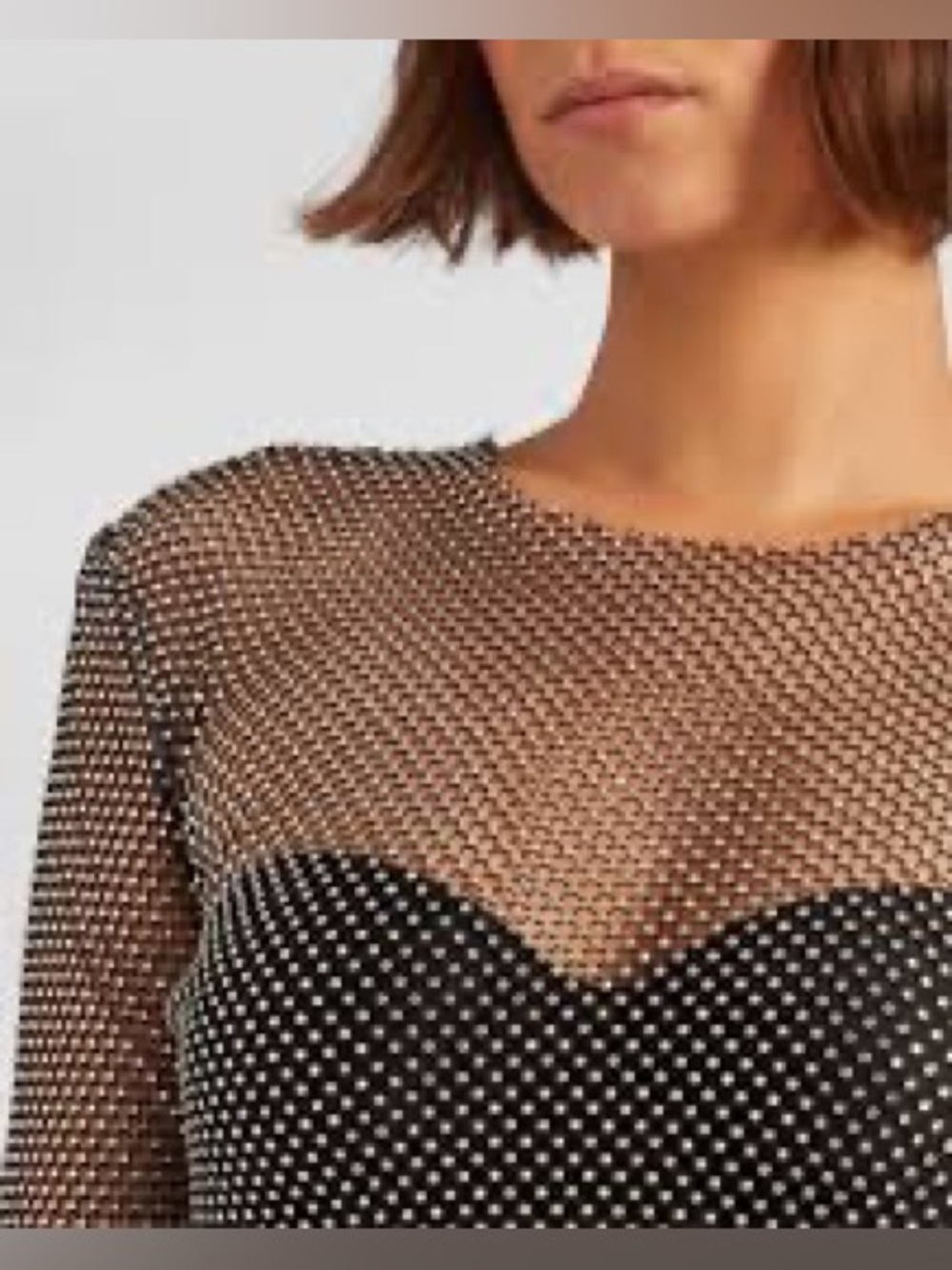 Retroluxe Silver Rhinestone Mesh Long Sleeve Top